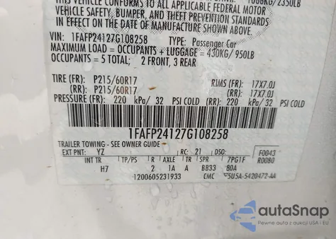 2007 Ford Five Hundred Sel из США, поврежденный, VIN 1FAFP24127G108258